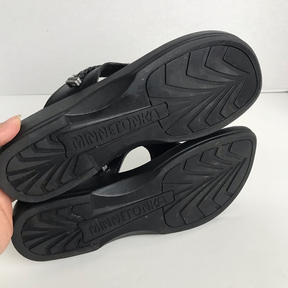 Minnetonka Black Leather Braided Thong Sandals Womens Size 10 Southwestern Boho - Picture 9 of 11